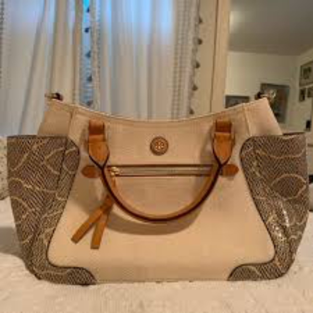 Tory Burch Snakeskin and Canvas Handbag